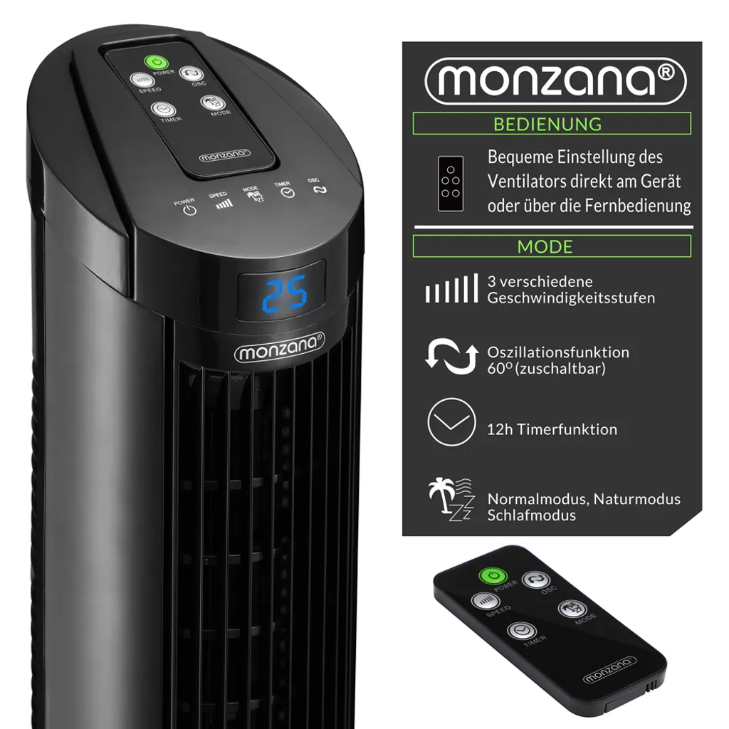 Monzana Turmventilator Fernbedienung 3 Geschwindigkeitsstufen Timer 70° Oszillation Flüsterleise Ventilator Standventilator, Farbe:schwarz 4 Monzana Turmventilator Fernbedienung 3 Geschwindigkeitsstufen Timer 70° Oszillation Flüsterleise Ventilator Standventilator, Farbe:schwarz – Bild 4