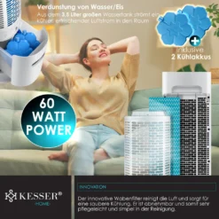 KESSER® 4in1 Mobile Klimaanlage Tower Klimagerät Ventilator/Luftkühler/Luftbefeuchter/Ionisator, Mit Fernbedienung , Timer , Wassertank, 60W, Klima , 2 Kühlakkus Turmventilator, Farbe:Weiß / Schwarz 15 KESSER® 4in1 Mobile Klimaanlage Tower Klimagerät Ventilator/Luftkühler/Luftbefeuchter/Ionisator, Mit Fernbedienung , Timer , Wassertank, 60W, Klima , 2 Kühlakkus Turmventilator, Farbe:Weiß / Schwarz -Unold Store 075ecaff610f38745b85b7023e7ea6bb