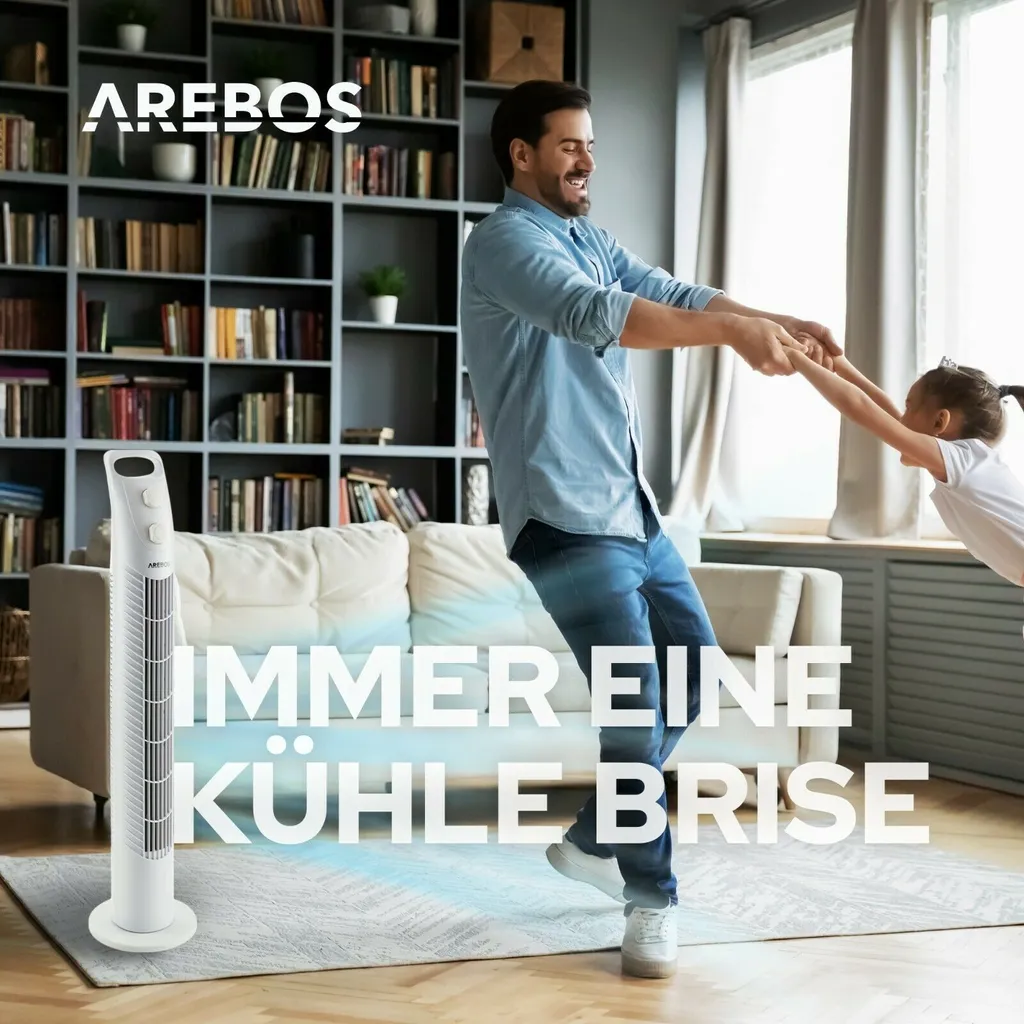 AREBOS Turmventilator Mit Timer, 40 Watt, 75°-Oszillation, Ventilator Mit 3 Geschwindigkeitsstufen, , Weiß 7 AREBOS Turmventilator Mit Timer, 40 Watt, 75°-Oszillation, Ventilator Mit 3 Geschwindigkeitsstufen, , Weiß – Bild 7