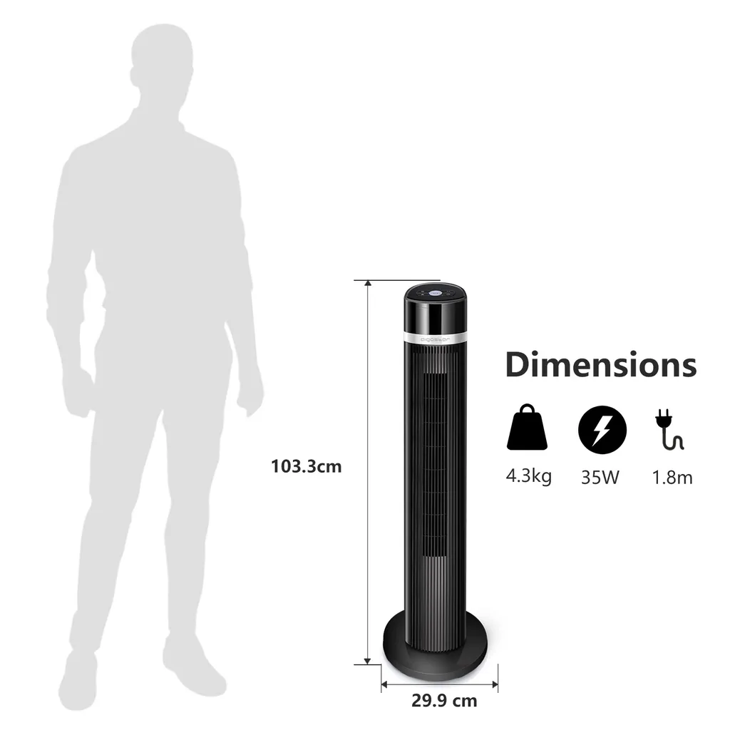 Aigostar Turmventilator, Leise Mit Fernbedienung, 35W, 60° Oszillierend, 3 Geschwindigkeitsstufen, 7 Stunden Timer, Säulenventilator Mit Speicher Funktion, 103cm Standventilator Tower Fan, Schwarz 7 Aigostar Turmventilator, Leise Mit Fernbedienung, 35W, 60° Oszillierend, 3 Geschwindigkeitsstufen, 7 Stunden Timer, Säulenventilator Mit Speicher Funktion, 103cm Standventilator Tower Fan, Schwarz – Bild 7