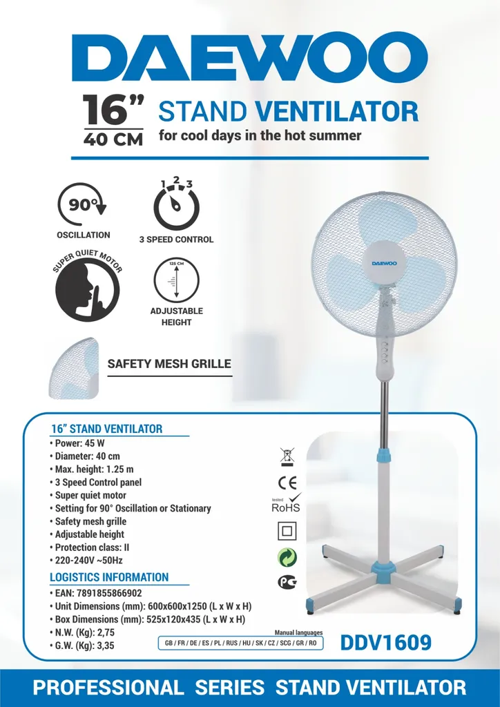 DAEWOO 16" Standventilator Ventilator 3 Geschwindugskeiten Windmaschine Lüfter 45 W 1 DAEWOO 16" Standventilator Ventilator 3 Geschwindugskeiten Windmaschine Lüfter 45 W