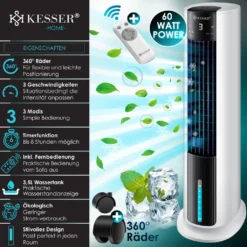 KESSER® 4in1 Mobile Klimaanlage Tower Klimagerät Ventilator/Luftkühler/Luftbefeuchter/Ionisator, Mit Fernbedienung , Timer , Wassertank, 60W, Klima , 2 Kühlakkus Turmventilator, Farbe:Weiß / Schwarz 13 KESSER® 4in1 Mobile Klimaanlage Tower Klimagerät Ventilator/Luftkühler/Luftbefeuchter/Ionisator, Mit Fernbedienung , Timer , Wassertank, 60W, Klima , 2 Kühlakkus Turmventilator, Farbe:Weiß / Schwarz -Unold Store 263047b340d18c61327aa9856ae4cbc8