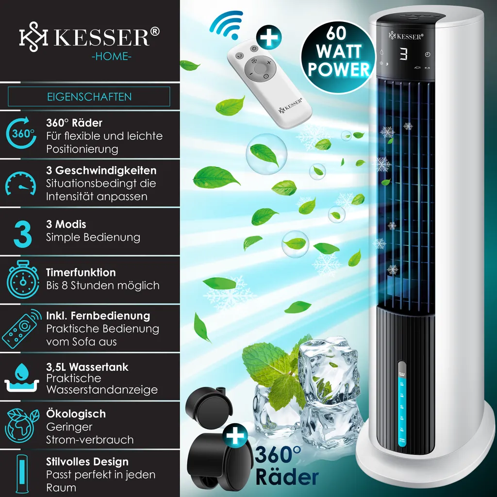 KESSER® 4in1 Mobile Klimaanlage Tower Klimagerät Ventilator/Luftkühler/Luftbefeuchter/Ionisator, Mit Fernbedienung , Timer , Wassertank, 60W, Klima , 2 Kühlakkus Turmventilator, Farbe:Weiß / Schwarz 3 KESSER® 4in1 Mobile Klimaanlage Tower Klimagerät Ventilator/Luftkühler/Luftbefeuchter/Ionisator, Mit Fernbedienung , Timer , Wassertank, 60W, Klima , 2 Kühlakkus Turmventilator, Farbe:Weiß / Schwarz – Bild 3