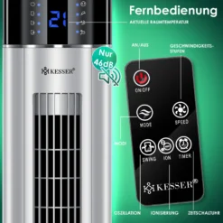 KESSER® Turmventilator Mit Fernbedienung | 3 Stufen | 3 Modi | 107cm | 60 Watt | 7,5 Timer | LED-Leuchten | Tower-Ventilator | Standventilator | Säulenventilator | Luftkühler 90° Oszillierend, Farbe:Silber -Unold Store 2b4aa9cbe0d8ba02431cd16fcdc9bf06