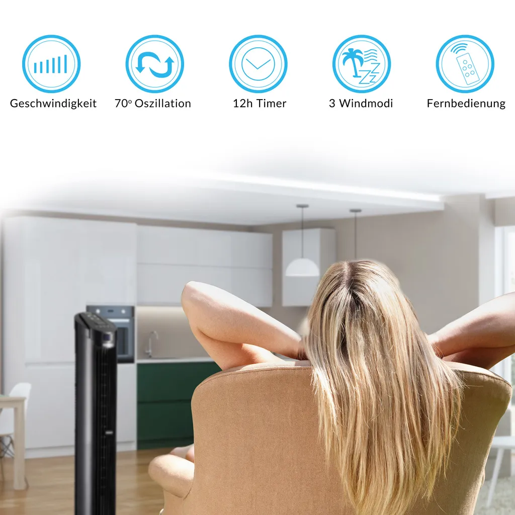 Monzana Turmventilator Fernbedienung 3 Geschwindigkeitsstufen Timer 70° Oszillation Flüsterleise Ventilator Standventilator, Farbe:schwarz 2 Monzana Turmventilator Fernbedienung 3 Geschwindigkeitsstufen Timer 70° Oszillation Flüsterleise Ventilator Standventilator, Farbe:schwarz – Bild 2