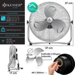 KESSER® Windmaschine Retro Stil | Ventilator In Chrom | Standventilator | Tischventilator Bodenventilator | 3-Stufen | Robuster Stand | Stufenlos Neigbarer Ventilatorkopf | Chrom Silber, Größe:Ø 30cm -Unold Store 2ec47608e7e3e3dab9395ffd9ca0d07f