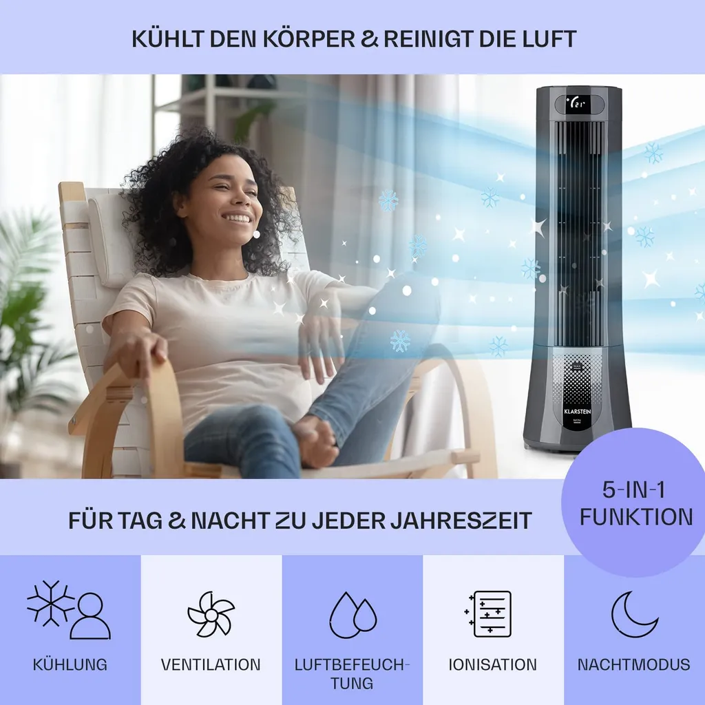 Klarstein Mobiles Klimagerät Ohne Abluftschlauch - Luftkühler Mit Wasser Ventilator Luftbefeuchter Lufreiniger Funktion - 7L Wassertank - Air Cooler Klimaanlage Mobil Mit Fernbedienung - Schwarz 2 Klarstein Mobiles Klimagerät Ohne Abluftschlauch - Luftkühler Mit Wasser Ventilator Luftbefeuchter Lufreiniger Funktion - 7L Wassertank - Air Cooler Klimaanlage Mobil Mit Fernbedienung - Schwarz – Bild 2