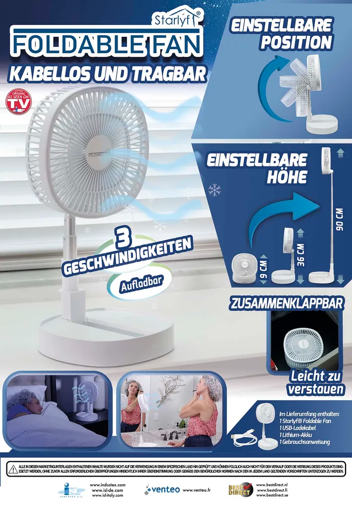Starlyf® Foldable Fan – Wiederaufladbarer, Kabelloser Und Zusammenklappbarer Ventilator, Akkubetrieb Mit 3 Geschwindigkeiten, 2in1 - Tischventilator Und Standventilator – Aus Der TV Werbung 15 Starlyf® Foldable Fan – Wiederaufladbarer, Kabelloser Und Zusammenklappbarer Ventilator, Akkubetrieb Mit 3 Geschwindigkeiten, 2in1 - Tischventilator Und Standventilator – Aus Der TV Werbung – Bild 15