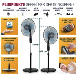 RelaxxNow Super Leiser Standventilator Mit 45W Motoren Leistung, Oszillierender Ventilator Mit 3 Geschwindigkeitsstufen Und Höhenverstellbarkeit Bis 131cm, 41 DB Schlafmodus & 41cm Durchmesser, VTX100 11 RelaxxNow Super Leiser Standventilator Mit 45W Motoren Leistung, Oszillierender Ventilator Mit 3 Geschwindigkeitsstufen Und Höhenverstellbarkeit Bis 131cm, 41 DB Schlafmodus & 41cm Durchmesser, VTX100 -Unold Store 36a928236e6ea7103caa504a451b2829