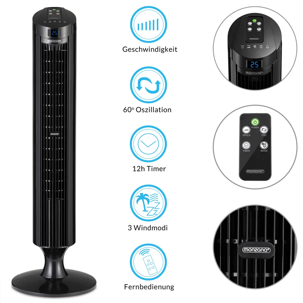 Monzana Turmventilator Fernbedienung 3 Geschwindigkeitsstufen Timer 70° Oszillation Flüsterleise Ventilator Standventilator, Farbe:schwarz 9 Monzana Turmventilator Fernbedienung 3 Geschwindigkeitsstufen Timer 70° Oszillation Flüsterleise Ventilator Standventilator, Farbe:schwarz – Bild 9