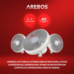 AREBOS USB-Tischventilator Mit Timer, Wiederaufladbarer 2500 MAh – Akku, 45° Neigbar, Ventilator Mit 3 Geschwindigkeitsstufen, Inkl. USB-Kabel 14 AREBOS USB-Tischventilator Mit Timer, Wiederaufladbarer 2500 MAh – Akku, 45° Neigbar, Ventilator Mit 3 Geschwindigkeitsstufen, Inkl. USB-Kabel -Unold Store 3d31b1f6b865a8f5063c81e0d14fef86