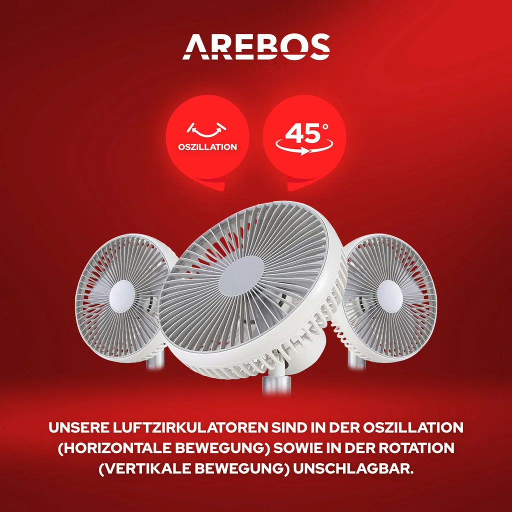 AREBOS USB-Tischventilator Mit Timer, Wiederaufladbarer 2500 MAh – Akku, 45° Neigbar, Ventilator Mit 3 Geschwindigkeitsstufen, Inkl. USB-Kabel 3 AREBOS USB-Tischventilator Mit Timer, Wiederaufladbarer 2500 MAh – Akku, 45° Neigbar, Ventilator Mit 3 Geschwindigkeitsstufen, Inkl. USB-Kabel – Bild 3