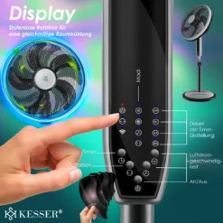 KESSER® 3in1 Standventilator Tischventilator Wandventilator Mit App Wifi , Fernbedienung | Timer | Leise Oszillation 80 Grad | Ventilator | 4 Geschwindigkeiten Inkl. Wandhalterung , Farbe:Schwarz -Unold Store 4142f9c8d35f8fdc049c76ae672167a7