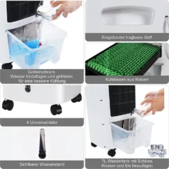 COSTWAY 4in1 Mobile Klimaanlage 65W, 3 Stufen Klimagerät 7L Tank, Inkl. 7,5H Timer, Fernbedienung & 2 Kühlakkus, Luftbefeuchter, Luftreiniger, Ventilator, Luftkühler, Aircooler -Unold Store 44ca76cb3382e439ee28147b46fdd10a