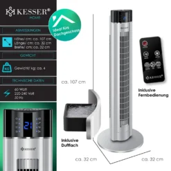 KESSER® Turmventilator Mit Fernbedienung | 3 Stufen | 3 Modi | 107cm | 60 Watt | 7,5 Timer | LED-Leuchten | Tower-Ventilator | Standventilator | Säulenventilator | Luftkühler 90° Oszillierend, Farbe:Silber -Unold Store 45f45953db4a8f35988b1fdf7fe00d58
