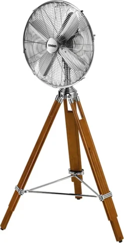 Unold KOLONIAL Design-Standventilator Aus Kiefernholz (Chrom- & Holzoptik, 50 Watt, Dreifuß, 3 Stufen, Oszillation)