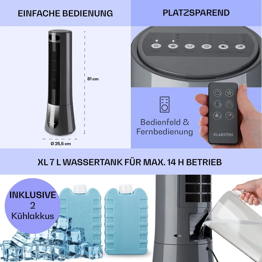 Klarstein Mobiles Klimagerät Ohne Abluftschlauch - Luftkühler Mit Wasser Ventilator Luftbefeuchter Lufreiniger Funktion - 7L Wassertank - Air Cooler Klimaanlage Mobil Mit Fernbedienung - Schwarz 6 Klarstein Mobiles Klimagerät Ohne Abluftschlauch - Luftkühler Mit Wasser Ventilator Luftbefeuchter Lufreiniger Funktion - 7L Wassertank - Air Cooler Klimaanlage Mobil Mit Fernbedienung - Schwarz – Bild 6