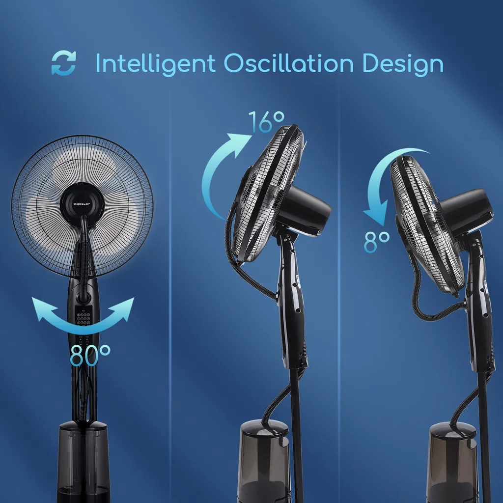 Aigostar Breeze Standventilator Mit Wasserzerstäuber, Ventilator Mit Fernbedienung, Lüfter Mit 3 Modi, Verstellbarer Neigungswinkel, Metall, Schwarz 5 Aigostar Breeze Standventilator Mit Wasserzerstäuber, Ventilator Mit Fernbedienung, Lüfter Mit 3 Modi, Verstellbarer Neigungswinkel, Metall, Schwarz – Bild 5