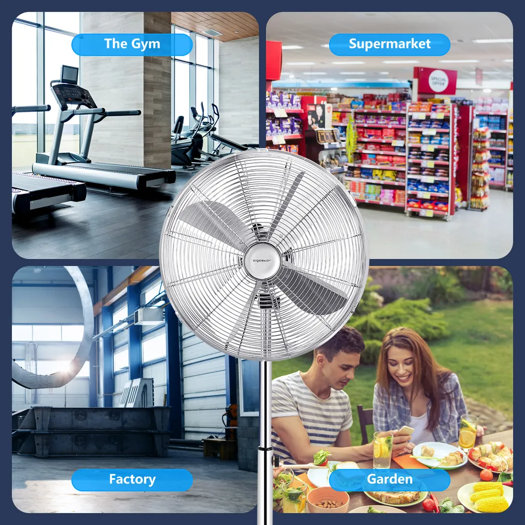 Aigostar Emery - Ventilator Standventilator Metall Mit Oszillation 90° Im Chrom -Design - Höhen Verstellbarer Standfuß Industriell Mechanisch Standlüfter 3 Geschwindigkeit 4 Blätter 60 Watt Silber 7 Aigostar Emery - Ventilator Standventilator Metall Mit Oszillation 90° Im Chrom -Design - Höhen Verstellbarer Standfuß Industriell Mechanisch Standlüfter 3 Geschwindigkeit 4 Blätter 60 Watt Silber – Bild 7