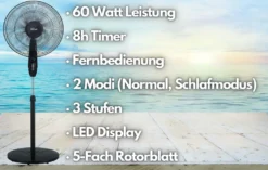 Zilan Standventilator Mit Fernbedienung | LED-Display | 8h Timer | 3 Geschwindigkeitsstufen | Oszilierender Ventilator | Windmaschine | 40 Cm | Oszilierend | 60 Watt -Unold Store 6462994ef42fd50f1258a19785fbdb4f