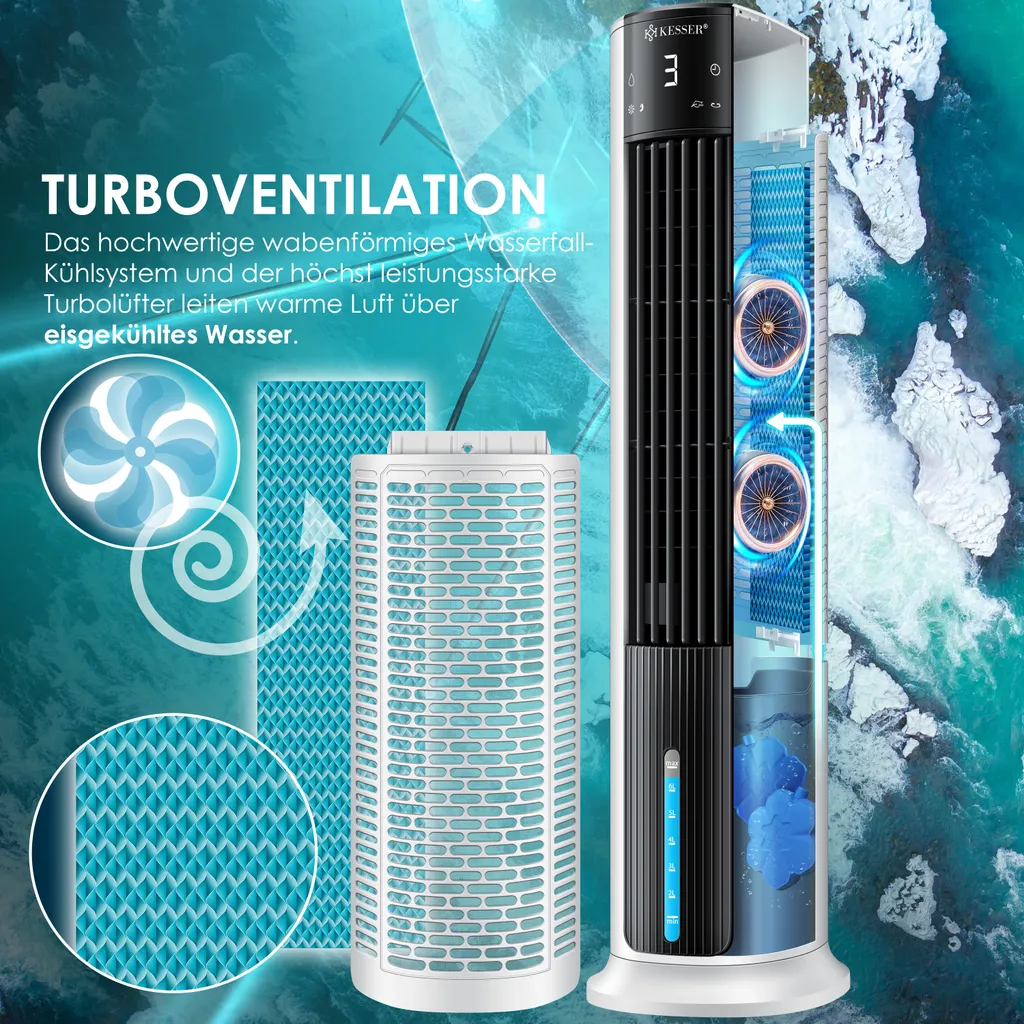 KESSER® 4in1 Mobile Klimaanlage Tower Klimagerät Ventilator/Luftkühler/Luftbefeuchter/Ionisator, Mit Fernbedienung , Timer , Wassertank, 60W, Klima , 2 Kühlakkus Turmventilator, Farbe:Weiß / Schwarz 9 KESSER® 4in1 Mobile Klimaanlage Tower Klimagerät Ventilator/Luftkühler/Luftbefeuchter/Ionisator, Mit Fernbedienung , Timer , Wassertank, 60W, Klima , 2 Kühlakkus Turmventilator, Farbe:Weiß / Schwarz – Bild 9
