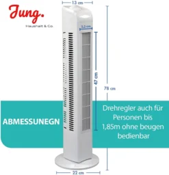 JUNG TVE21 Ventilator 76cm Weiss - Leise Turm-lüfter Lautstärke Max 48dbA, Turmventilator ENERGIESPAREND 0,05 KW/h,3 Stufen,75° Oszillierend Drehend [Energieklasse A+] -Unold Store 6f2cd49fce45e66658f5da1e0a59178e