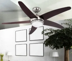 Globo Lighting VENTILATOR Metall Nickel Matt, MDF Wenge, Glas Opal, Fernbedienung, Batterie Inkludiert 2x AAA,, Max. Motorleistung 55W, Optimale Raumnutzung 30m², Abkühlung, Aufheizen, Geschwindigkeitsstufen 80/95/170 RPM, ø: 1320mm, H: 372mm, Exkl. 1x E14 60W 230V -Unold Store 73d9238ba17e111791d40d1e81901ec5