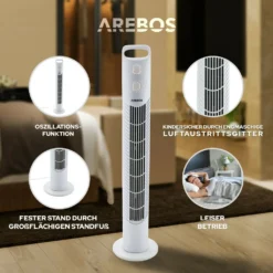 AREBOS Turmventilator Mit Timer, 40 Watt, 75°-Oszillation, Ventilator Mit 3 Geschwindigkeitsstufen, , Weiß 16 AREBOS Turmventilator Mit Timer, 40 Watt, 75°-Oszillation, Ventilator Mit 3 Geschwindigkeitsstufen, , Weiß -Unold Store 77337b5e8569a3b93eb4dc0b288312e8