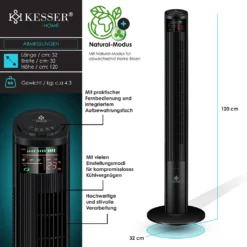 KESSER® Turmventilator Mit Fernbedienung | 120 Cm | Oszilation | 55W | LED-Display | Ventilator Mit 3 Geschwindigkeitsstufen + Timer Bis 12 Stunden + 3 Betriebsmodi + 90° Oszillierend Towerventilator, Farbe:Schwarz -Unold Store 7c11f005f7de7e322babfd4ec130c878