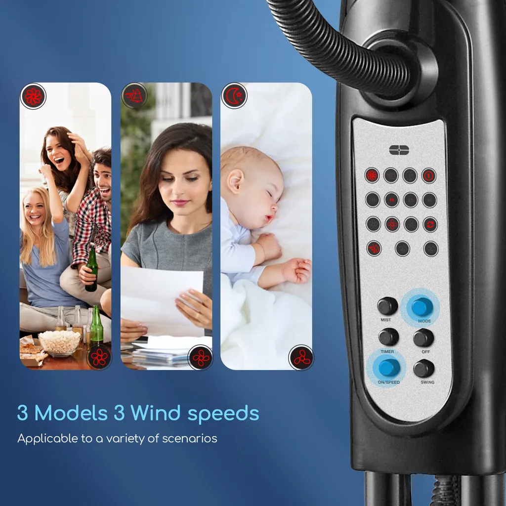 Aigostar Breeze Standventilator Mit Wasserzerstäuber, Ventilator Mit Fernbedienung, Lüfter Mit 3 Modi, Verstellbarer Neigungswinkel, Metall, Schwarz 4 Aigostar Breeze Standventilator Mit Wasserzerstäuber, Ventilator Mit Fernbedienung, Lüfter Mit 3 Modi, Verstellbarer Neigungswinkel, Metall, Schwarz – Bild 4