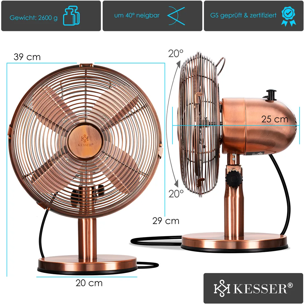 KESSER® - Tischventilator Design Retro Voll-Metallgehäuse 80° Oszillation - Leise Ventilator Mit 3 Geschwindigkeitsstufen - Zuschaltbare | Windmaschine | Neigungswinkel Ca. 40° Metall, Farbe:Kupfer 8 KESSER® - Tischventilator Design Retro Voll-Metallgehäuse 80° Oszillation - Leise Ventilator Mit 3 Geschwindigkeitsstufen - Zuschaltbare | Windmaschine | Neigungswinkel Ca. 40° Metall, Farbe:Kupfer – Bild 8