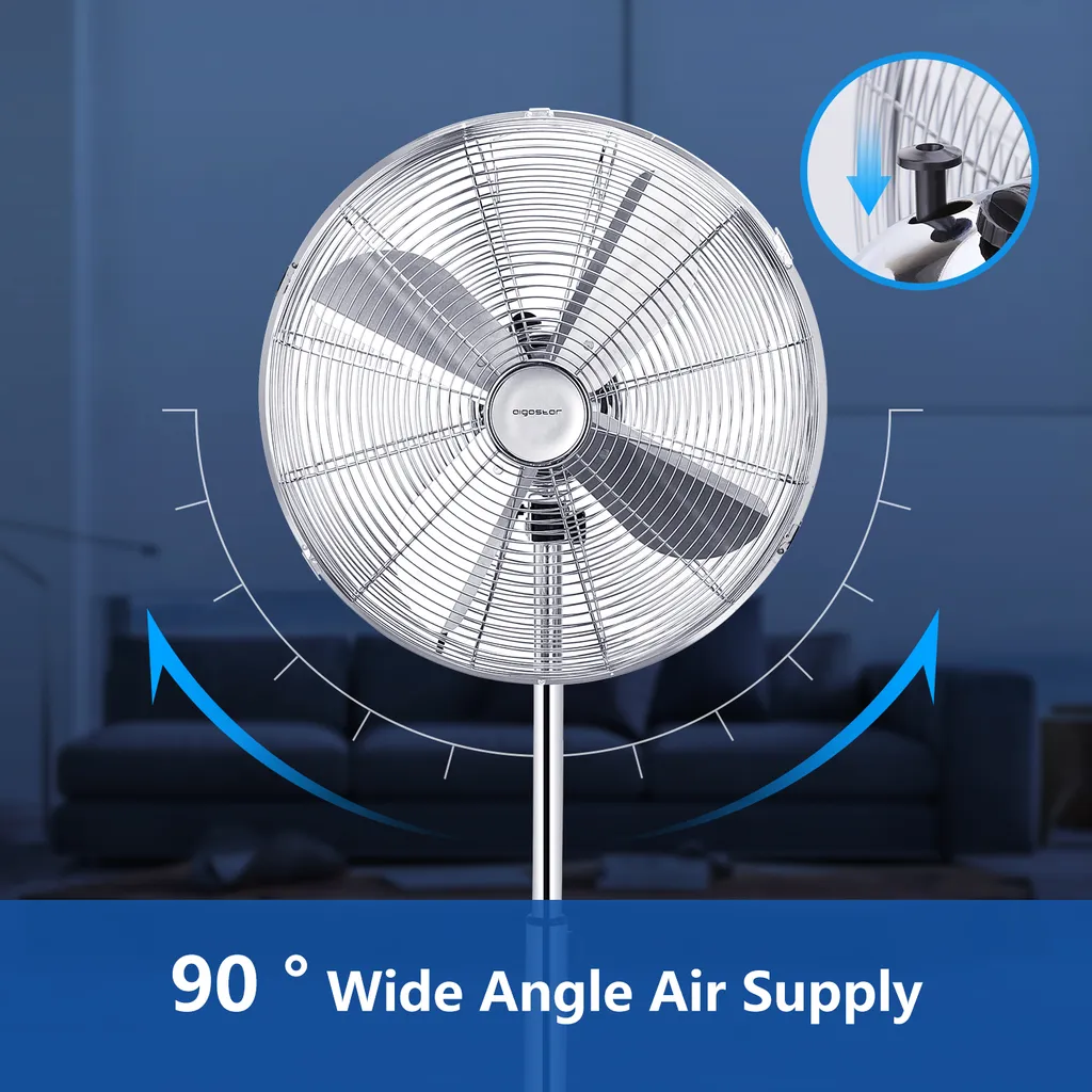 Aigostar Emery - Ventilator Standventilator Metall Mit Oszillation 90° Im Chrom -Design - Höhen Verstellbarer Standfuß Industriell Mechanisch Standlüfter 3 Geschwindigkeit 4 Blätter 60 Watt Silber 5 Aigostar Emery - Ventilator Standventilator Metall Mit Oszillation 90° Im Chrom -Design - Höhen Verstellbarer Standfuß Industriell Mechanisch Standlüfter 3 Geschwindigkeit 4 Blätter 60 Watt Silber – Bild 5