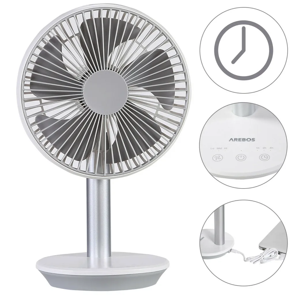 AREBOS USB-Tischventilator Mit Timer, Wiederaufladbarer 2500 MAh – Akku, 45° Neigbar, Ventilator Mit 3 Geschwindigkeitsstufen, Inkl. USB-Kabel 1 AREBOS USB-Tischventilator Mit Timer, Wiederaufladbarer 2500 MAh – Akku, 45° Neigbar, Ventilator Mit 3 Geschwindigkeitsstufen, Inkl. USB-Kabel