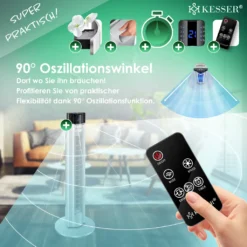 KESSER® Turmventilator Mit Fernbedienung | 3 Stufen | 3 Modi | 107cm | 60 Watt | 7,5 Timer | LED-Leuchten | Tower-Ventilator | Standventilator | Säulenventilator | Luftkühler 90° Oszillierend, Farbe:Silber -Unold Store 8b0384f67ad559431bdd32e3d88dab0d