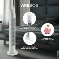 AREBOS Turmventilator Mit Timer, 40 Watt, 75°-Oszillation, Ventilator Mit 3 Geschwindigkeitsstufen, , Weiß 17 AREBOS Turmventilator Mit Timer, 40 Watt, 75°-Oszillation, Ventilator Mit 3 Geschwindigkeitsstufen, , Weiß -Unold Store 99b483770e13e1e58710e1378dc225c7