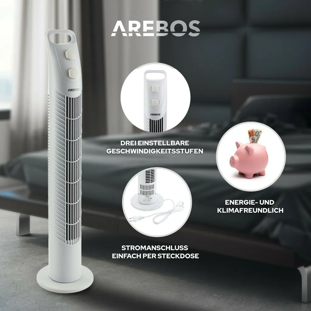 AREBOS Turmventilator Mit Timer, 40 Watt, 75°-Oszillation, Ventilator Mit 3 Geschwindigkeitsstufen, , Weiß 6 AREBOS Turmventilator Mit Timer, 40 Watt, 75°-Oszillation, Ventilator Mit 3 Geschwindigkeitsstufen, , Weiß – Bild 6