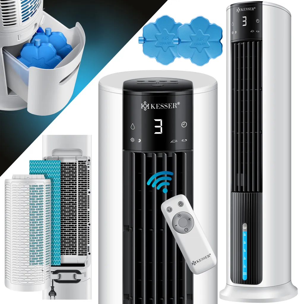 KESSER® 4in1 Mobile Klimaanlage Tower Klimagerät Ventilator/Luftkühler/Luftbefeuchter/Ionisator, Mit Fernbedienung , Timer , Wassertank, 60W, Klima , 2 Kühlakkus Turmventilator, Farbe:Weiß / Schwarz 2 KESSER® 4in1 Mobile Klimaanlage Tower Klimagerät Ventilator/Luftkühler/Luftbefeuchter/Ionisator, Mit Fernbedienung , Timer , Wassertank, 60W, Klima , 2 Kühlakkus Turmventilator, Farbe:Weiß / Schwarz – Bild 2