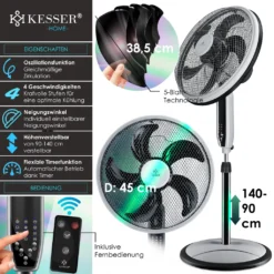 KESSER® 3in1 Standventilator Tischventilator Wandventilator Mit App Wifi , Fernbedienung | Timer | Leise Oszillation 80 Grad | Ventilator | 4 Geschwindigkeiten Inkl. Wandhalterung , Farbe:Schwarz -Unold Store 9a2e32857612f4ef67b08d9ec6116a88