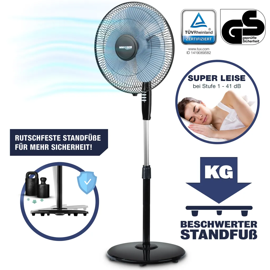 RelaxxNow Super Leiser Standventilator Mit 45W Motoren Leistung, Oszillierender Ventilator Mit 3 Geschwindigkeitsstufen Und Höhenverstellbarkeit Bis 131cm, 41 DB Schlafmodus & 41cm Durchmesser, VTX100 1 RelaxxNow Super Leiser Standventilator Mit 45W Motoren Leistung, Oszillierender Ventilator Mit 3 Geschwindigkeitsstufen Und Höhenverstellbarkeit Bis 131cm, 41 DB Schlafmodus & 41cm Durchmesser, VTX100