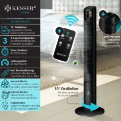 KESSER® Turmventilator Mit Fernbedienung | 120 Cm | Oszilation | 55W | LED-Display | Ventilator Mit 3 Geschwindigkeitsstufen + Timer Bis 12 Stunden + 3 Betriebsmodi + 90° Oszillierend Towerventilator, Farbe:Schwarz -Unold Store a902a9a70daadc90f4d44517b0399f3c