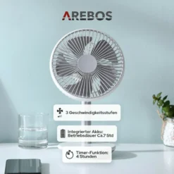 AREBOS USB-Tischventilator Mit Timer, Wiederaufladbarer 2500 MAh – Akku, 45° Neigbar, Ventilator Mit 3 Geschwindigkeitsstufen, Inkl. USB-Kabel 17 AREBOS USB-Tischventilator Mit Timer, Wiederaufladbarer 2500 MAh – Akku, 45° Neigbar, Ventilator Mit 3 Geschwindigkeitsstufen, Inkl. USB-Kabel -Unold Store cacc54adde8034d410fa3182b935aa43