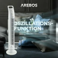 AREBOS Turmventilator Mit Timer, 40 Watt, 75°-Oszillation, Ventilator Mit 3 Geschwindigkeitsstufen, , Weiß 15 AREBOS Turmventilator Mit Timer, 40 Watt, 75°-Oszillation, Ventilator Mit 3 Geschwindigkeitsstufen, , Weiß -Unold Store d3b0d545808630c9e11854e6d4befee8