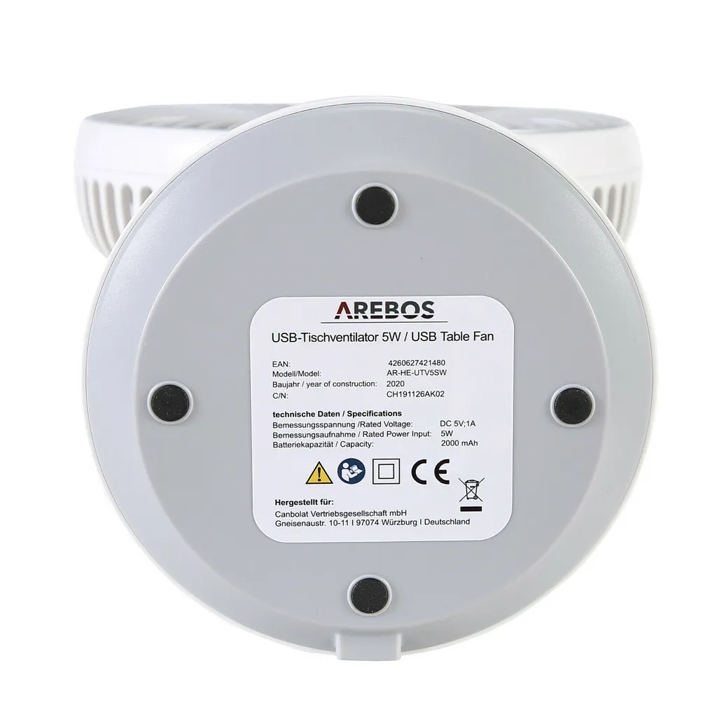AREBOS USB-Tischventilator Mit Timer, Wiederaufladbarer 2500 MAh – Akku, 45° Neigbar, Ventilator Mit 3 Geschwindigkeitsstufen, Inkl. USB-Kabel 11 AREBOS USB-Tischventilator Mit Timer, Wiederaufladbarer 2500 MAh – Akku, 45° Neigbar, Ventilator Mit 3 Geschwindigkeitsstufen, Inkl. USB-Kabel – Bild 11
