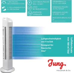JUNG TVE21 Ventilator 76cm Weiss - Leise Turm-lüfter Lautstärke Max 48dbA, Turmventilator ENERGIESPAREND 0,05 KW/h,3 Stufen,75° Oszillierend Drehend [Energieklasse A+] -Unold Store da06264cfd49ffad59542416dd0d3ae5