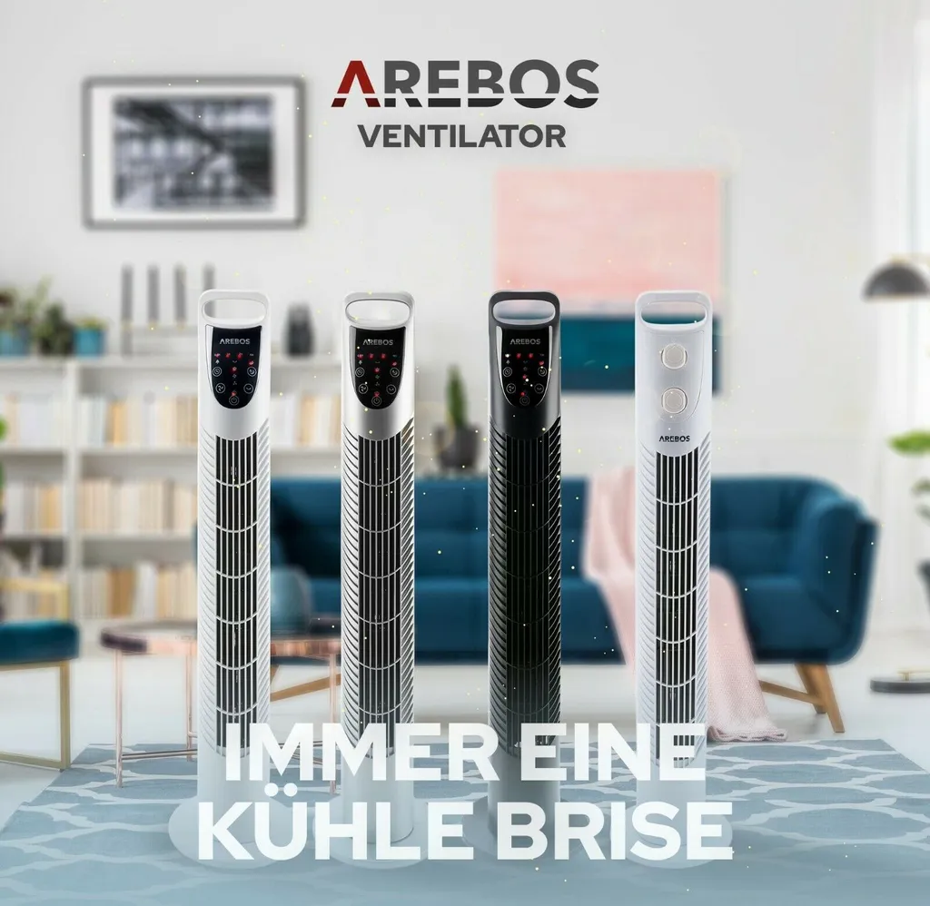 AREBOS Turmventilator Mit Timer, 40 Watt, 75°-Oszillation, Ventilator Mit 3 Geschwindigkeitsstufen, , Weiß 9 AREBOS Turmventilator Mit Timer, 40 Watt, 75°-Oszillation, Ventilator Mit 3 Geschwindigkeitsstufen, , Weiß – Bild 9