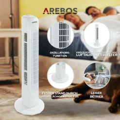 AREBOS Turmventilator, 50 Watt, 60°-Oszillation, 3 Geschwindigkeitsstufen, Ventilator Mit Tragegriff, Weiß, Leise -Unold Store e4fcc8fadc03a244242bcf5dce659909