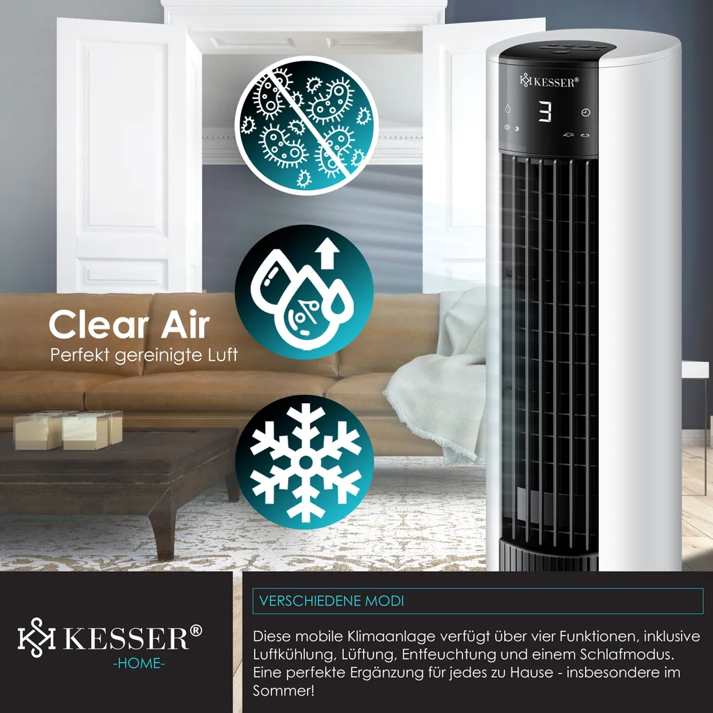 KESSER® 4in1 Mobile Klimaanlage Tower Klimagerät Ventilator/Luftkühler/Luftbefeuchter/Ionisator, Mit Fernbedienung , Timer , Wassertank, 60W, Klima , 2 Kühlakkus Turmventilator, Farbe:Weiß / Schwarz 6 KESSER® 4in1 Mobile Klimaanlage Tower Klimagerät Ventilator/Luftkühler/Luftbefeuchter/Ionisator, Mit Fernbedienung , Timer , Wassertank, 60W, Klima , 2 Kühlakkus Turmventilator, Farbe:Weiß / Schwarz – Bild 6