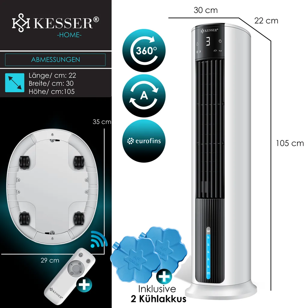 KESSER® 4in1 Mobile Klimaanlage Tower Klimagerät Ventilator/Luftkühler/Luftbefeuchter/Ionisator, Mit Fernbedienung , Timer , Wassertank, 60W, Klima , 2 Kühlakkus Turmventilator, Farbe:Weiß / Schwarz 8 KESSER® 4in1 Mobile Klimaanlage Tower Klimagerät Ventilator/Luftkühler/Luftbefeuchter/Ionisator, Mit Fernbedienung , Timer , Wassertank, 60W, Klima , 2 Kühlakkus Turmventilator, Farbe:Weiß / Schwarz – Bild 8