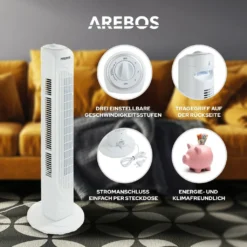 AREBOS Turmventilator, 50 Watt, 60°-Oszillation, 3 Geschwindigkeitsstufen, Ventilator Mit Tragegriff, Weiß, Leise -Unold Store f798fb1dc5c7772a3391cf4d8c2647be