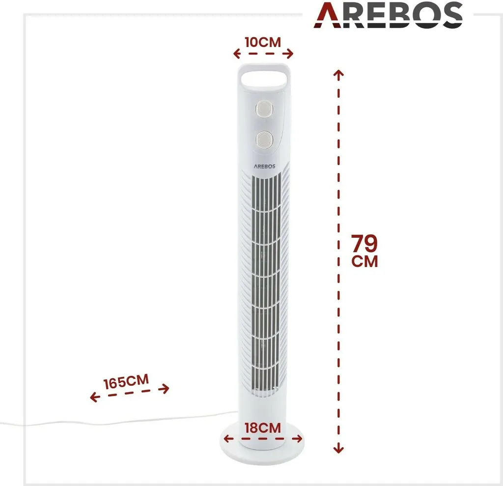 AREBOS Turmventilator Mit Timer, 40 Watt, 75°-Oszillation, Ventilator Mit 3 Geschwindigkeitsstufen, , Weiß 8 AREBOS Turmventilator Mit Timer, 40 Watt, 75°-Oszillation, Ventilator Mit 3 Geschwindigkeitsstufen, , Weiß – Bild 8